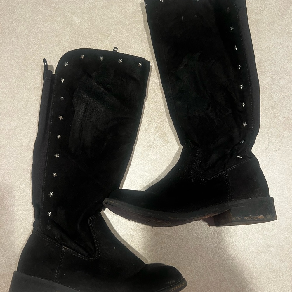 Black Kids Tall Suede Boots with Star Stud Accents